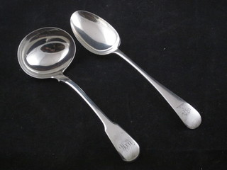 A George III silver fiddle pattern sauce ladle, London 1812 and a silver Old English pattern pudding spoon, 4 ozs