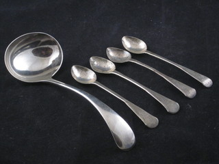4 various George III silver teaspoons and a silver sauce ladle Sheffield 1912 3 ozs