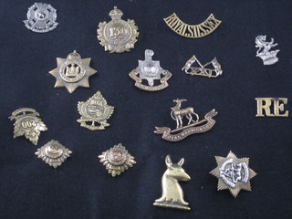 3 Canadian cap badges, a metal Royal Sussex shoulder title and  12 other badges