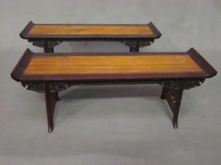 A pair of Oriental Padouk altar tables, raised on pierced supports  14"