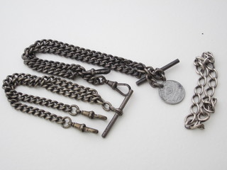 2 silver curb link watch chains and a silver bracelet
