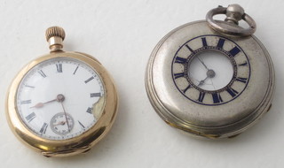 A demi-hunter fob watch contained in a white metal case and 1  other fob watch in a gilt case