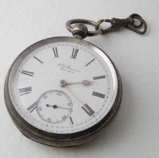 An open faced pocket watch by J W Benson contained in a silver case