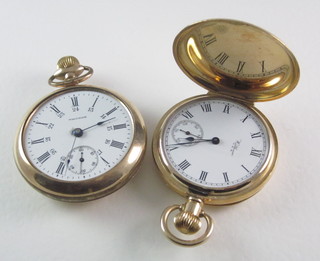 A pocket watch contained in a full hunter case by Waltham and  an open faced pocket watch, both contained in gilt cases