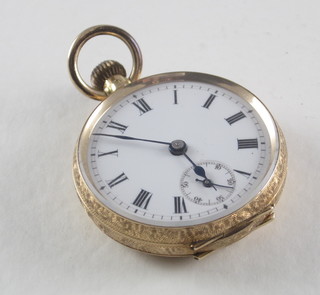 A lady's open faced fob watch contained in a 14ct chased gold  case