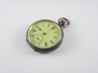 An open faced pocket watch with enamelled dial and Roman  numerals contained in a Continental silver case