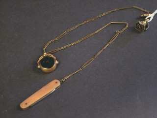 A gilt metal seal, a 9ct gold seal set a blood stone and a dress  watch chain