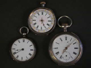 2 fob watches contained in silver cases and an open faced pocket  watch
