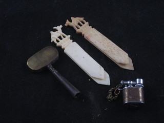 2 ivory book marks decorated camels and a miniature lighter marked Pygmy and a brass key