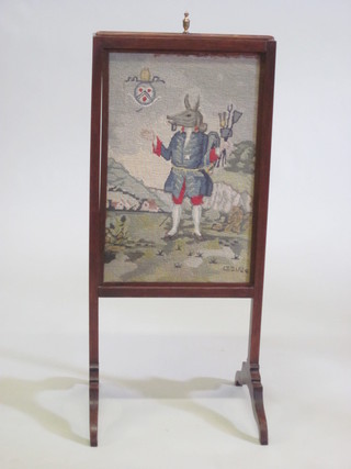 An oak fire screen with Berlin wool work panel decorated The  Faithful Servant 15"