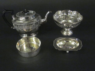 An oval Britannia metal teapot together with a collection of  plated items