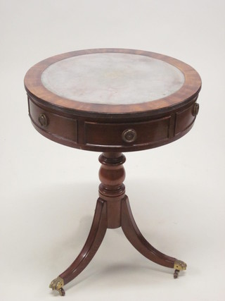 A Georgian style mahogany drum table fitted 2 drawers, raised on a pillar and tripod base 20"