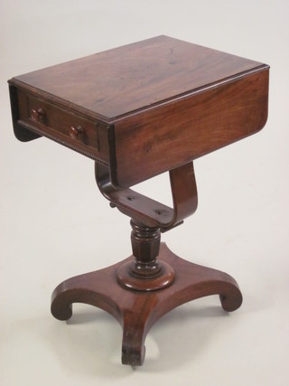 A William IV mahogany drop flap pedestal work table, raised on  U shaped support with turned column and triform base 16"