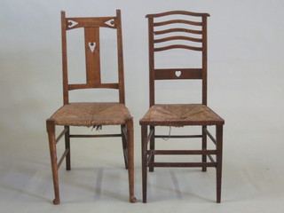 A honey oak Art Nouveau pierced slat back bedroom chair with woven rush seat and a similar ladder back bedroom chair