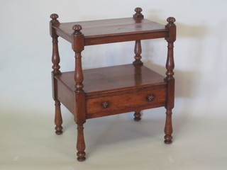 A Victorian oak 2 tier what-not, the base fitted a drawer and raised on turned and block supports 22"