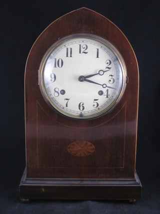 An Edwardian Continental striking mantel clock with paper dial  and Arabic numerals contained in an inlaid mahogany lancet case