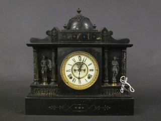 A 19th Century American 8 day striking clock contained in a  black veined marble architectural case