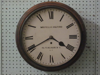 A fusee wall clock, the 11 1/2" dial marked Wassell & Halford  43 Fenchurch Street, having a 5 1/2" brass back plate and  contained in a mahogany case, glass f,