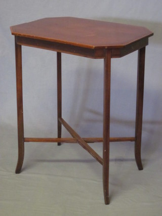 An Edwardian inlaid mahogany lozenge shaped occasional table, raised on splayed supports with X framed stretcher 24"