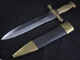 A French Bandsman's type double edge sword with 10 1/2" blade  and brass grip contained in a leather scabbard  ILLUSTRATED