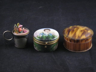 A 19th Century circular porcelain trinket box with hinged lid decorated a figure of a girl 2" together with a simulated  tortoiseshell trinket box and 1 other