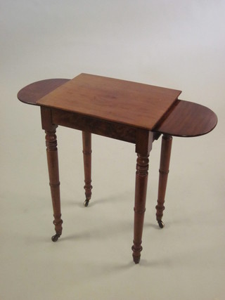 A Victorian rectangular mahogany work table fitted a drawer,  basket missing, raised on turned supports 19"