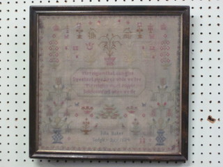 A Victorian stitch work sampler with motto and flowers by Julia  Baker Sedgley July 1834, 12" x 12"