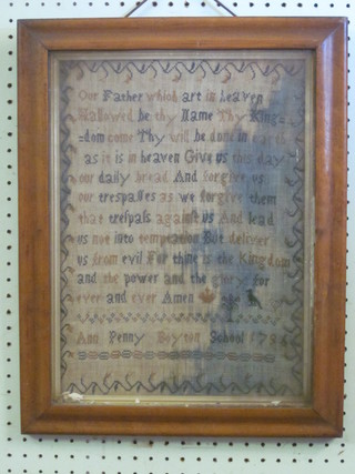 An 18th Century wool work sampler - The Lord's Prayer by Ann Penney Baiton 1796 15" x 11" contained in a maple frame, blue  stain to the right hand side