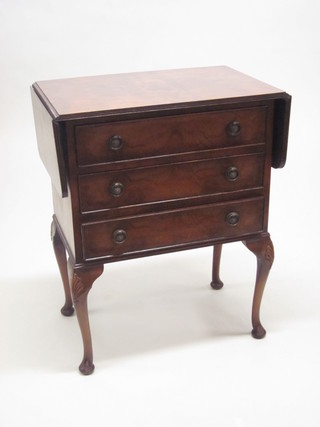 A Queen Anne style walnut chest of 3 long drawers and with  drop flaps to the side, raised on cabriole supports 22"