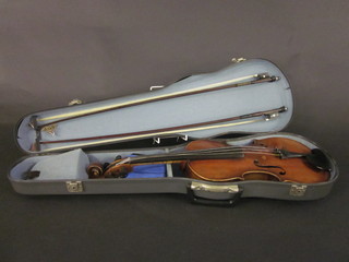 A violin with 2 piece back 14", complete with 2 bows