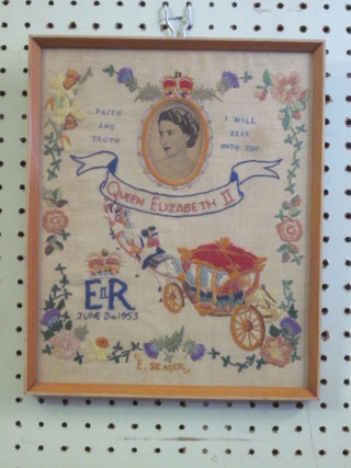 An embroidery panel to commemorate the Queens Coronation by  E Seagre 10 1/2" x 8 1/2"