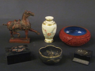 A resin figure of a Tang horse 9", a Redware bowl 8" and other  Oriental items