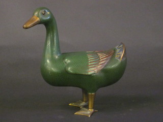 A green cloisonne figure of a standing duck 9"
