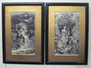 A pair of machine made silk panels depicting Romantic scenes  marked Dapres P.A. Cot 22" x 11"