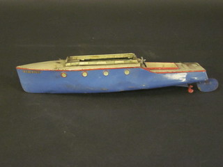 A Hornby block work speed boat, cabin missing,