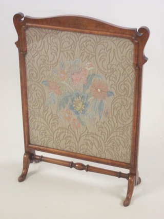 A walnut fire screen with floral embroidered panel to the centre  22"
