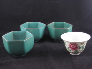 An Oriental famille vert porcelain teabowl and 3 Oriental  octagonal Celadon green bowls 3 1/2"