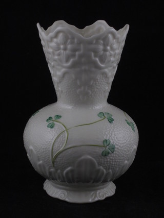 A Belleek club shaped vase, the base with black Belleek mark 6"