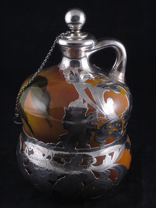 A pottery flask with silver mounts, cracked, 9"
