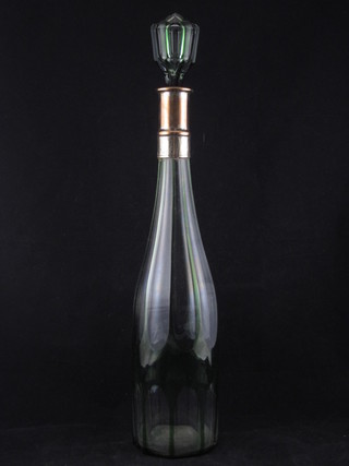 A green and clear glass club shaped decanter and stopper with  silver plated mount