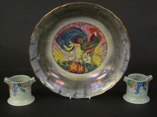 A Mintons pottery bowl decorated a cockerel 10" together with 2  green Carltonware vases 2 1/2"