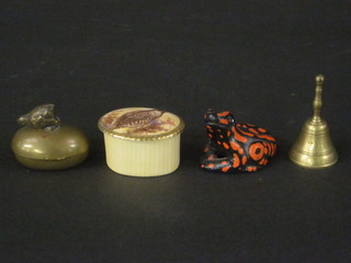 An oval Aynsley trinket box decorated a game bird 2", a metal trinket box in the form of an egg, miniature table bell and a small  figure of a toad