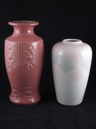 A gray painted German Art Pottery vase the base marked West Germany 650 8" and a pink vase marked 298 9 1/2"