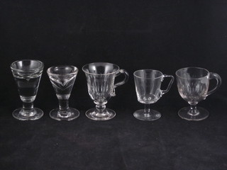 6 various clear glass custard glasses and 8 glass penny lick stands