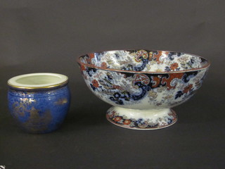 A Booths blue glazed circular chassepot with chinoiserie  decoration 4" together with a pedestal bowl f and r, 12"