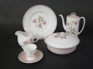 A Susie Copper Talisman pattern dinner service comprising 2  circular tureens and cover, oval meat plate 13", 3 square plates  9", 6 dinner plates 10", 6 side plates 8 1/2", 16 tea plates 7" -  some contact marks, 4 pudding bowls 8", 4 oval soup bowls and  saucers 6", 2 jugs 4" and 3", 8 saucers 6", 6 cups - 1 cracked,  cream jug, coffee pot and a saucer 6", together with 4 Form and  Colour tea plates 6 1/2"