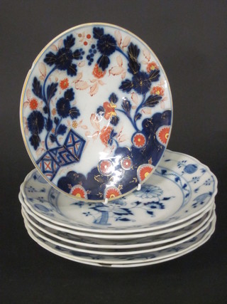 6 "Meissen" blue and white bowls, the bases impressed 21, 10" -  4 cracked, 2 chipped, together with an Imari style plate - chipped