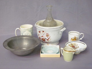 A club shaped decanter, a Wedgwood commemorative mug for  the Royal Wedding 1981 and a small collection of decorative china