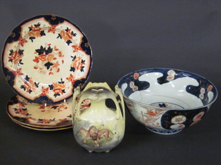A Japanese Imari porcelain bowl 9 1/2", chipped - f and r, 3 stoneware plates and an Edwardian porcelain vase decorated lions  6"