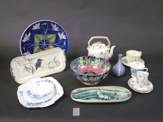 A Malingware lustre bowl, a Royal Stafford Wisteria pattern sandwich plate, tea plate, cup and saucer and a small collection  of decorative ceramics